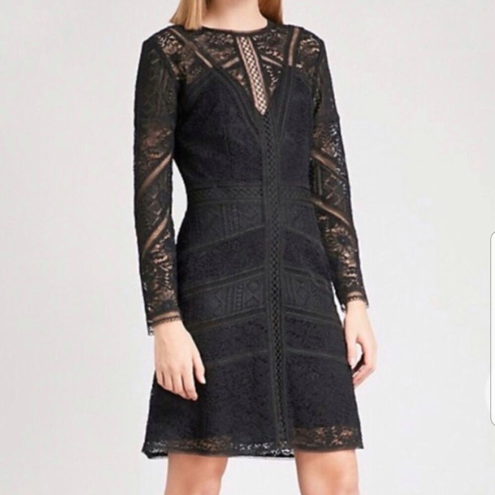 The Kooples Mix Dentelle Black Lace Long Sleeve Dress Size S Small